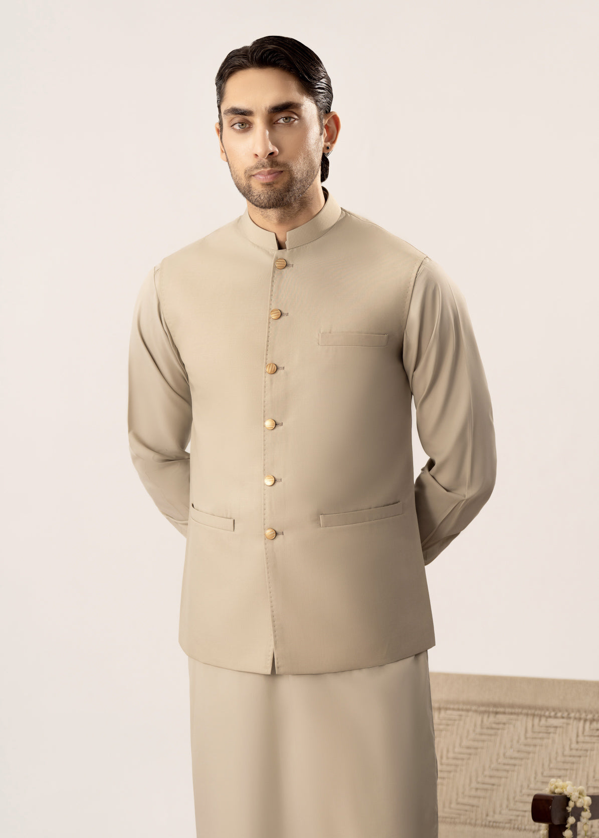 Light Beige Kurta Shalwar with Pick-Stitch Matching Waistcoat - Men - Men