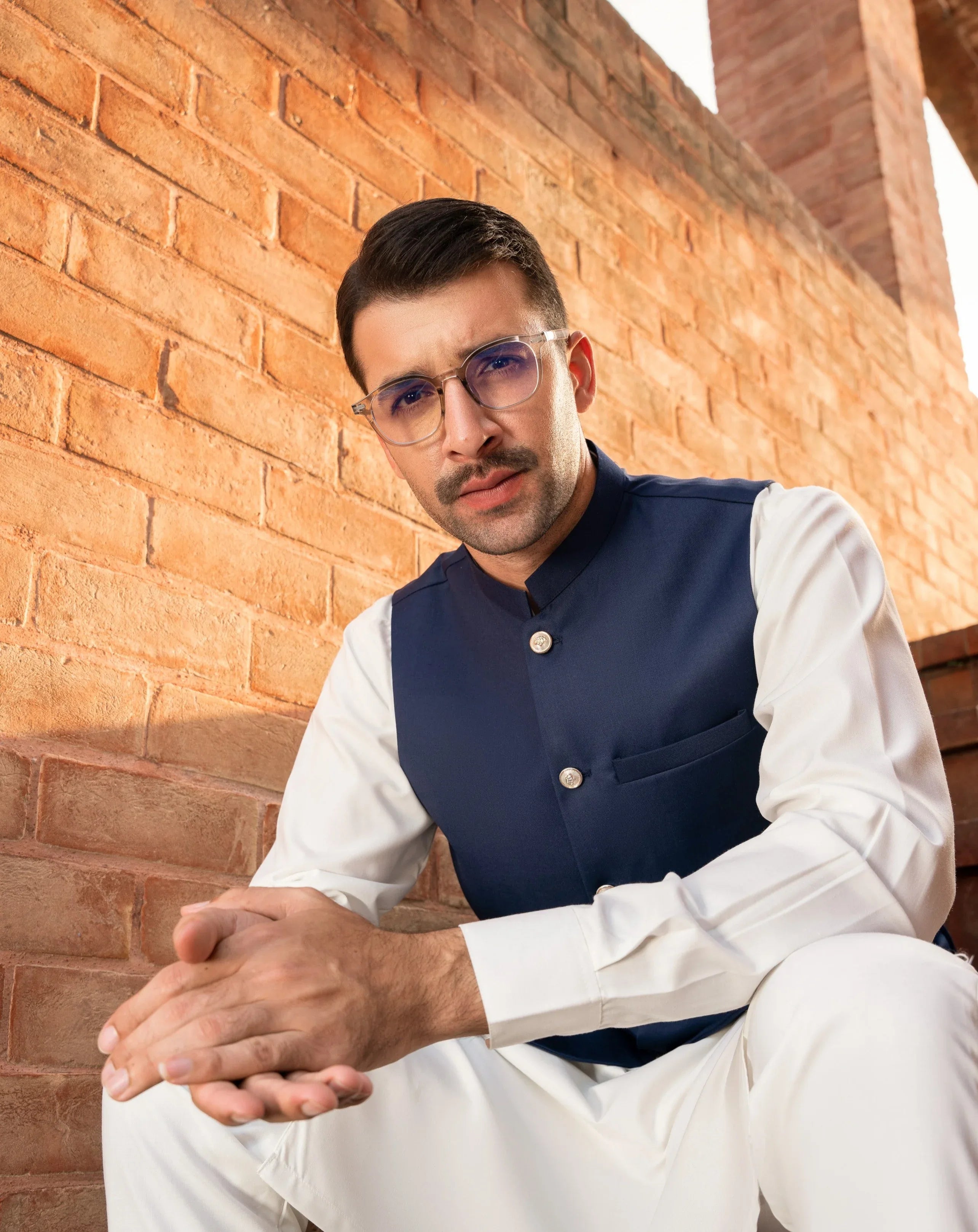 Navy Blue waistcoat and Off White kurta trouser - 3PC - Men