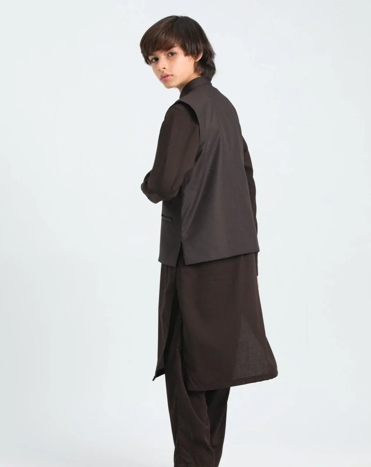 Brown Shalwar Kameez and Waistcoat- 3PC Set - Kids