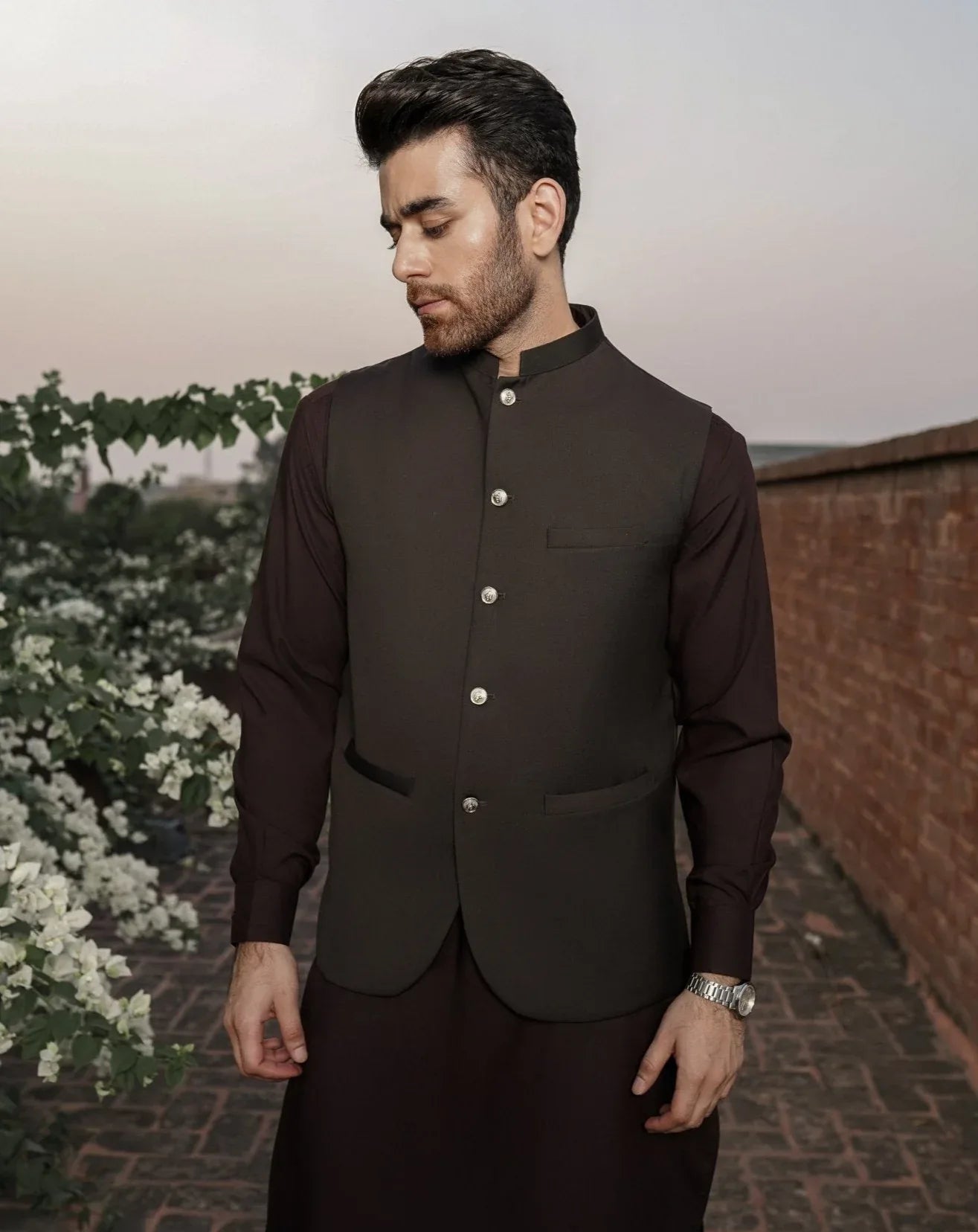 Dark Brown Shalwar Kameez and Waistcoat - 3PC - Men