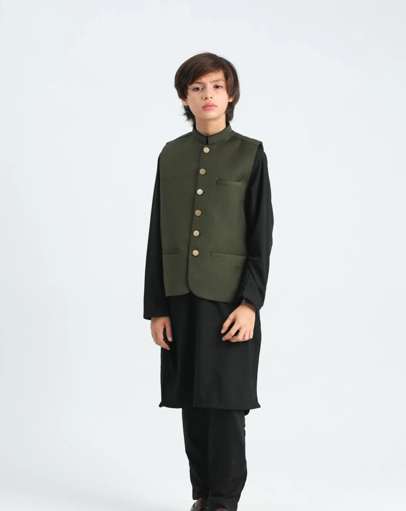 Army Green waistcoat on Black Kurta trouser - Kidswear - 3PC