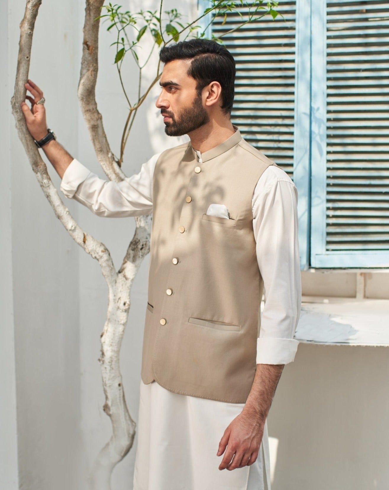 Beige Waistcoat with White Kurta Trouser Set Menswear