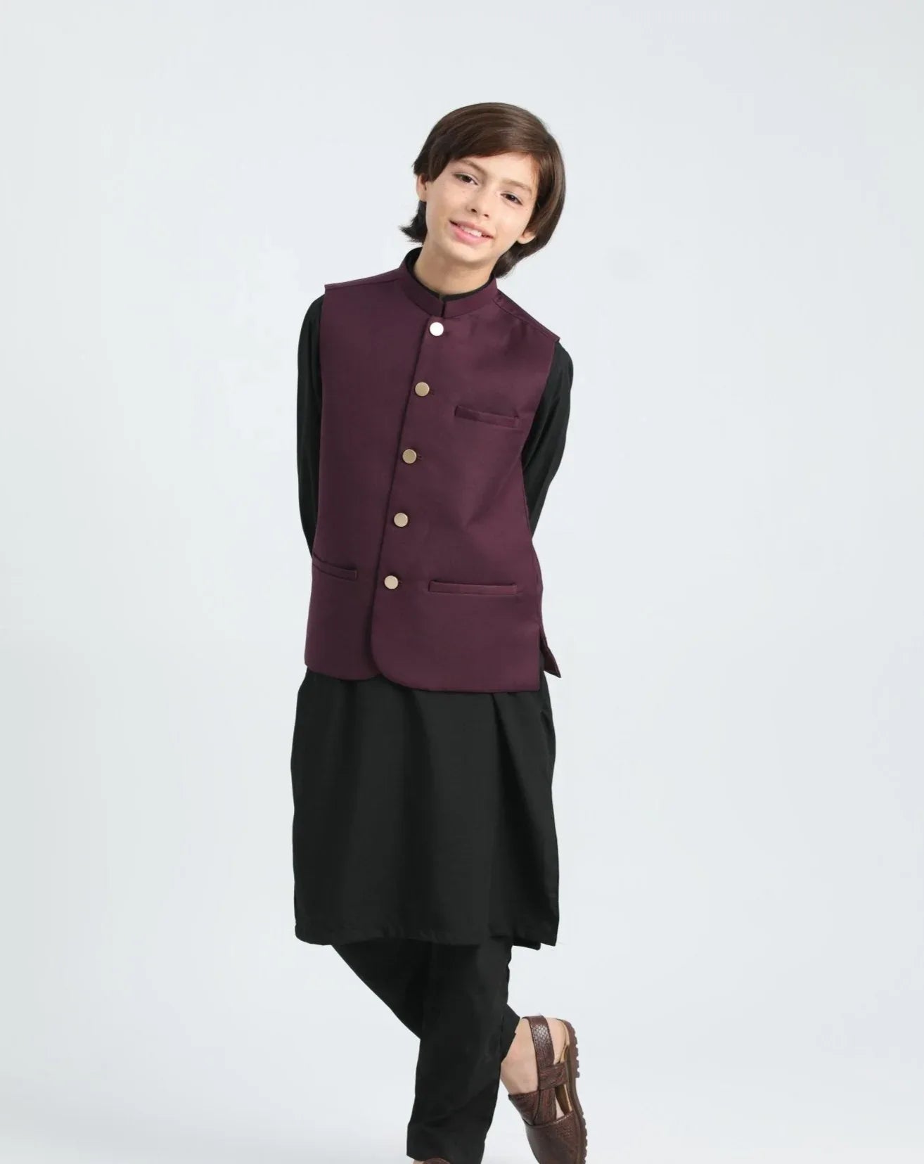 Burgundy waistcoat on Black kurta trouser - Kidswear - 3PC