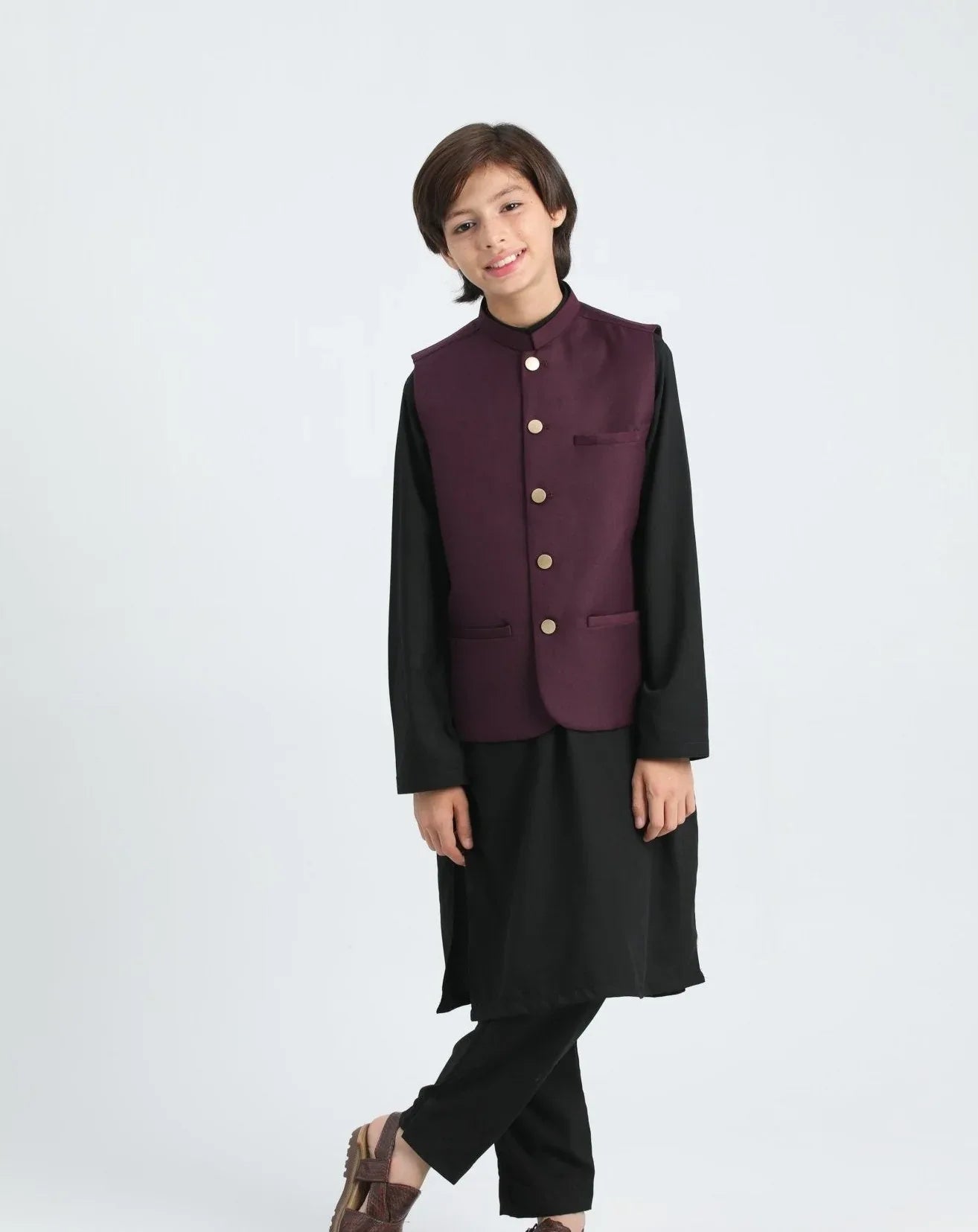 Burgundy waistcoat on Black kurta trouser - Kidswear - 3PC