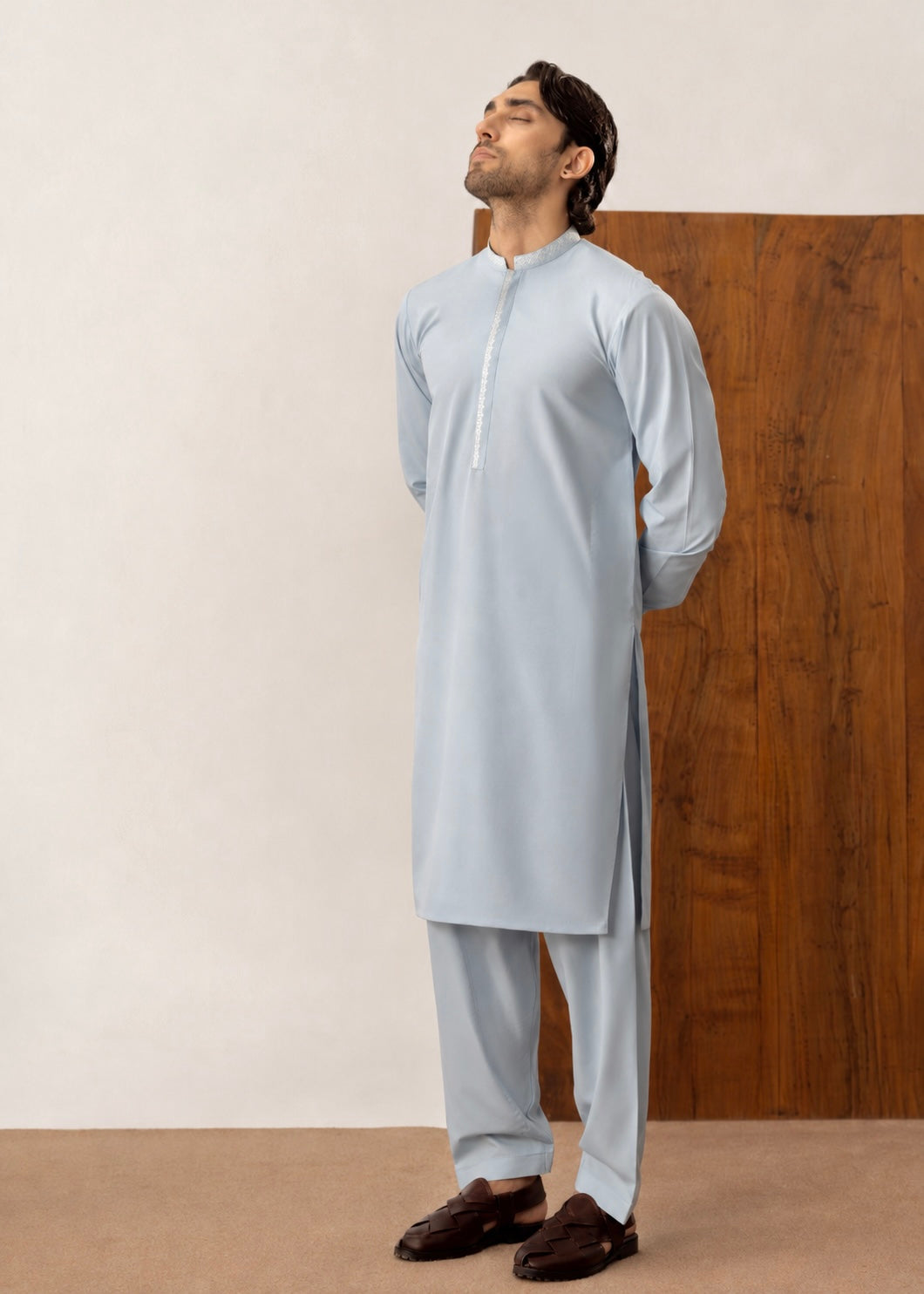 Formal Sky Blue Kurta Shalwar - Collar Neck Embroidered - Men