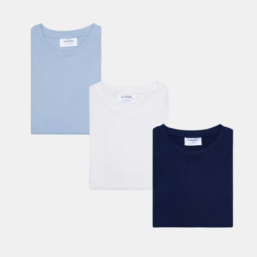 Pack of 3 Basic T-Shirts - Sky Blue, Off White & Navy Blue