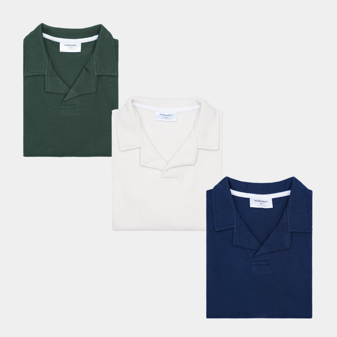 Pack of 3 Waffle Revere Polo Shirts - Bottle Green, Off White & Navy Blue