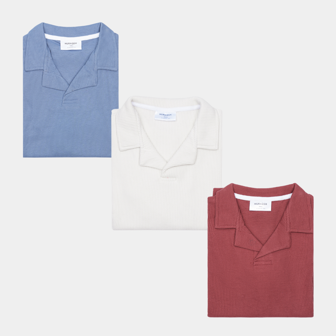 Pack of 3 Waffle Revere Polo Shirts - Sapphire Blue, Off White & Rust