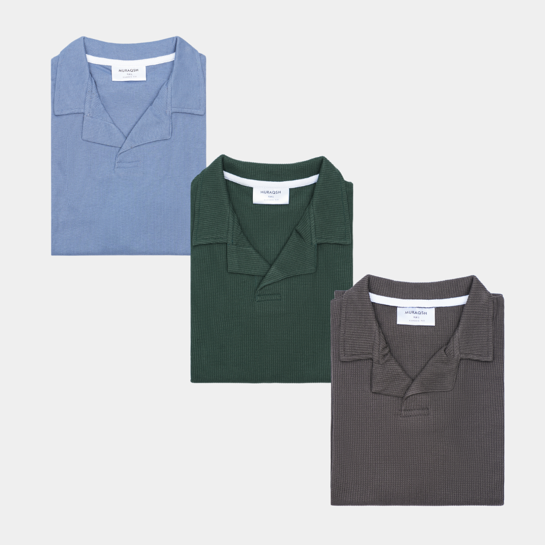 Pack of 3 Waffle Revere Polo Shirts - Sapphire Blue, Bottle Green & Heather Grey