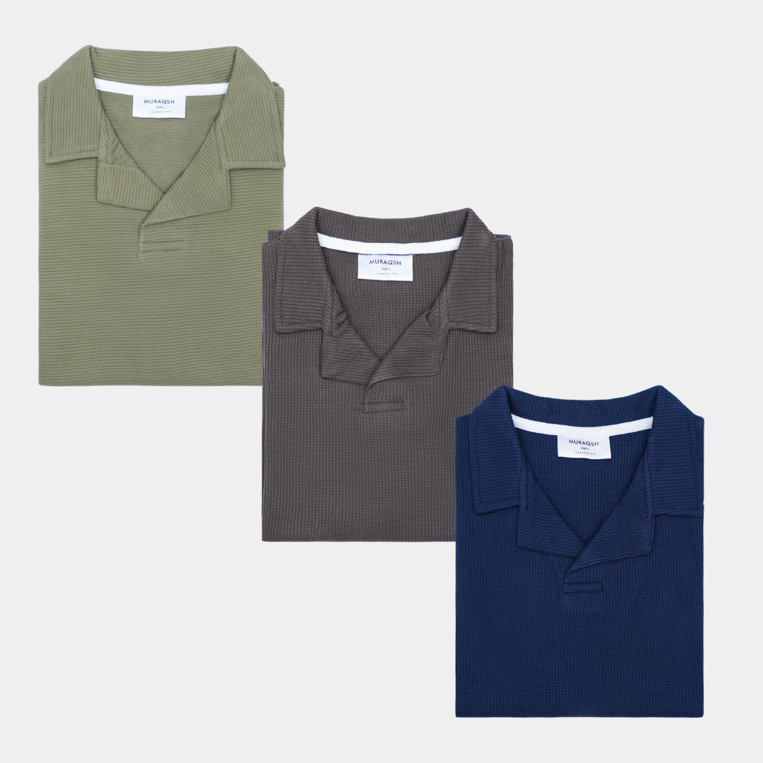 Pack of 3 Waffle Revere Polo Shirts - Olive Drop Needle, Heather Grey & Navy Blue