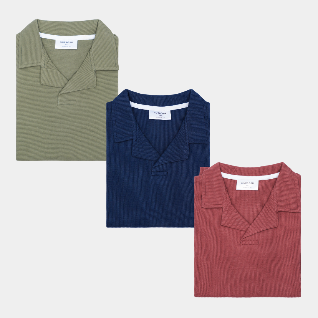 Pack of 3 Waffle Revere Polo Shirts - Olive Drop Needle, Navy Blue & Rust