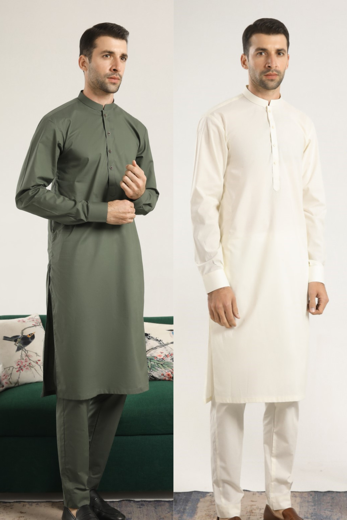 Pack of 2 Soft Cotton Kurta Trouser - Army Green & Bosky White