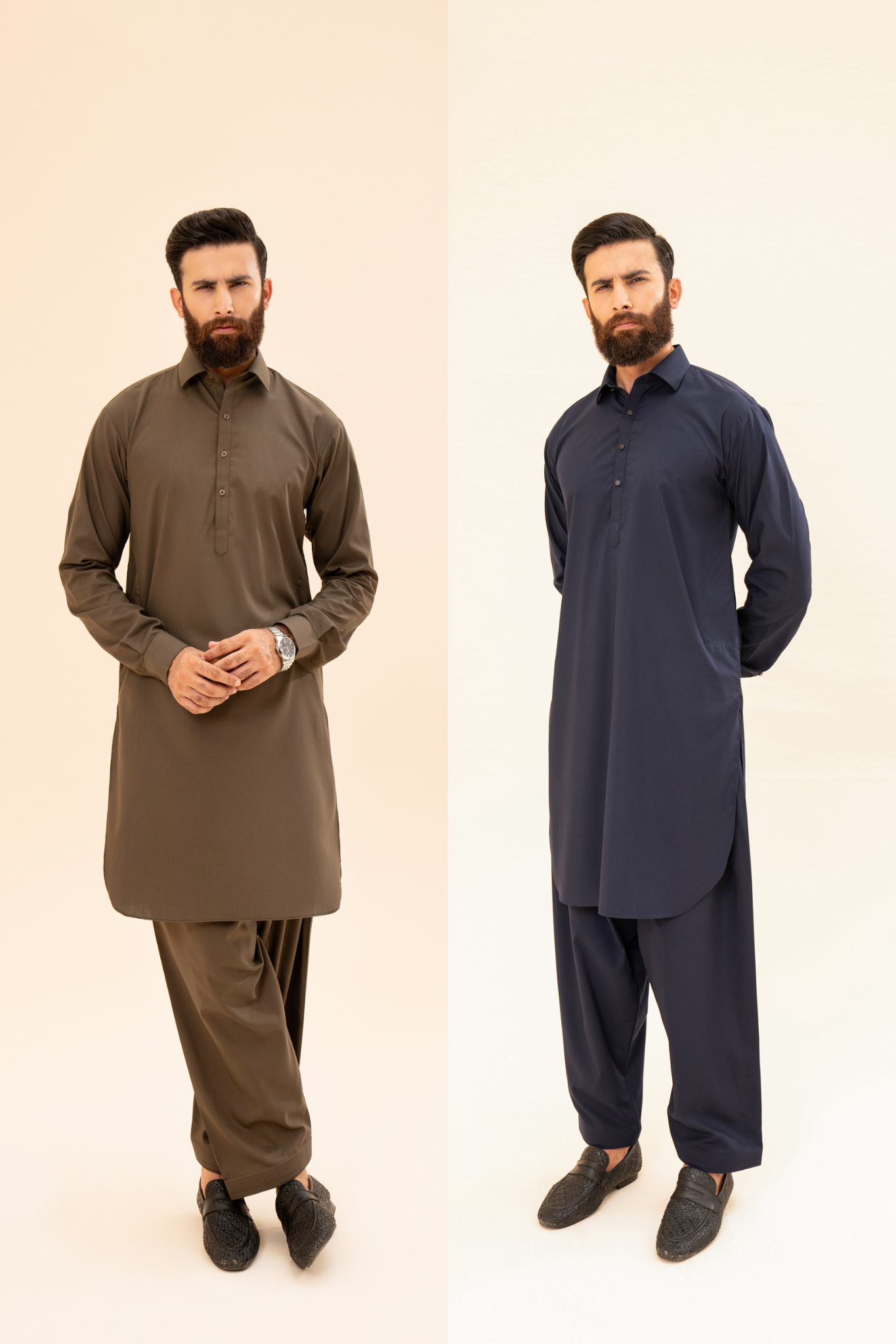 Pack of 2 French Collar Kameez Shalwar - Olive Green & Navy Blue