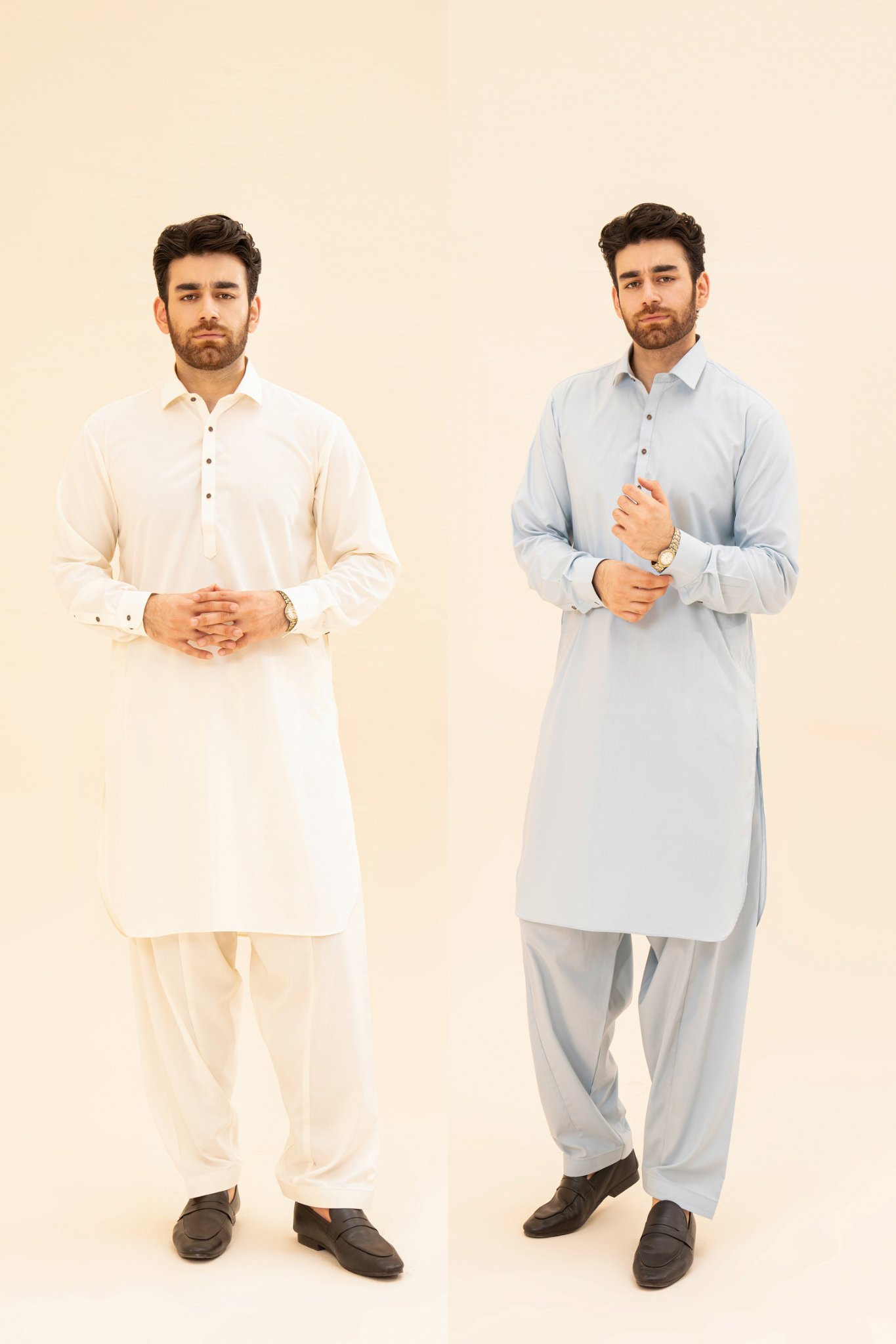 Pack of 2 French Collar Kameez Shalwar - Bosky White & Sky Blue