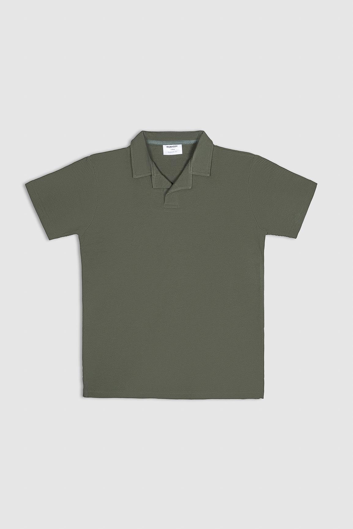 Olive Green Waffle Revere Polo - Men - Muraqsh -- Men Western