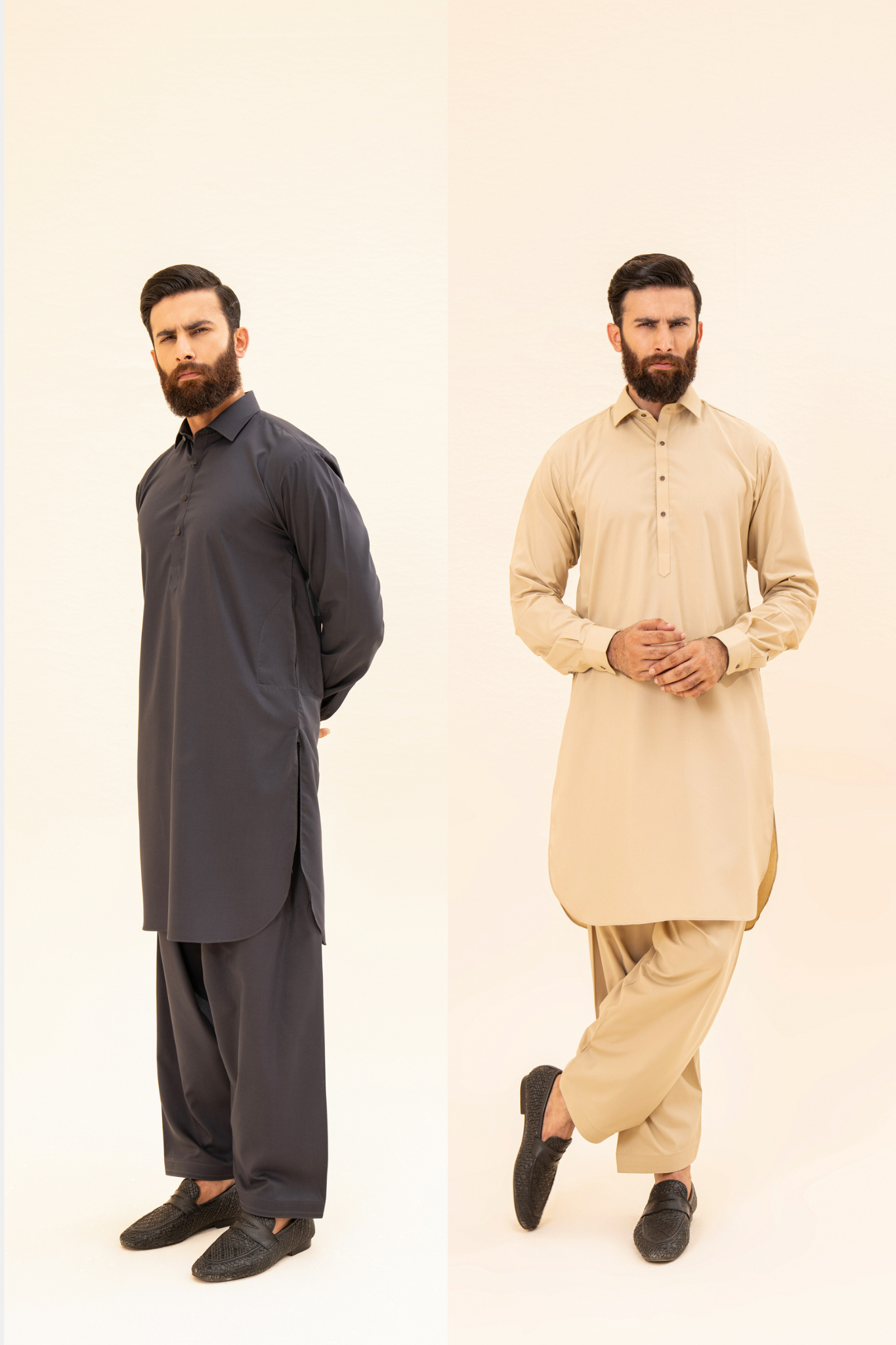 Pack of 2 French Collar Kameez Shalwar - Charcoal Grey & Ivory