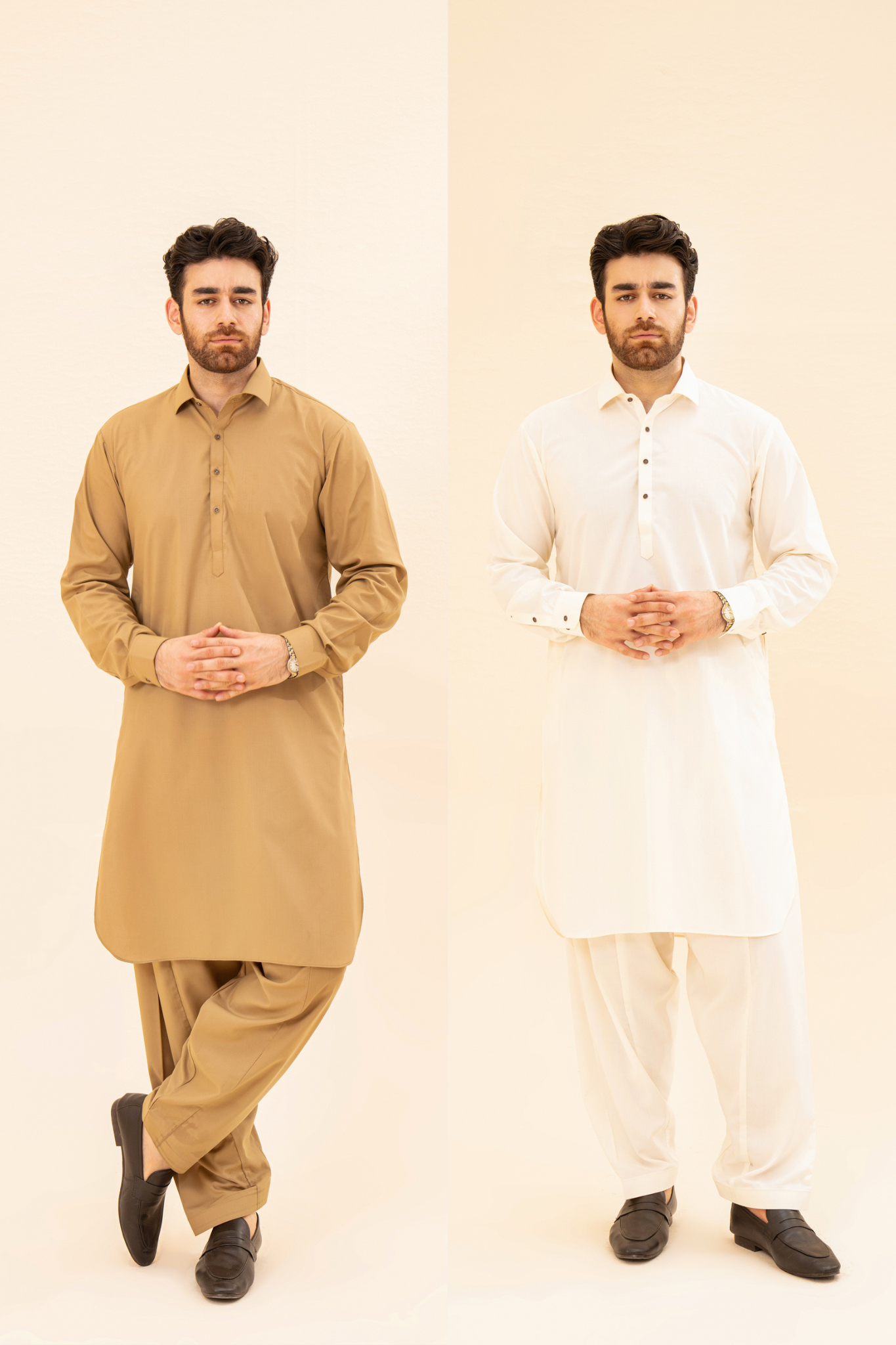 Pack of 2 French Collar Kameez Shalwar - Camel & Bosky White