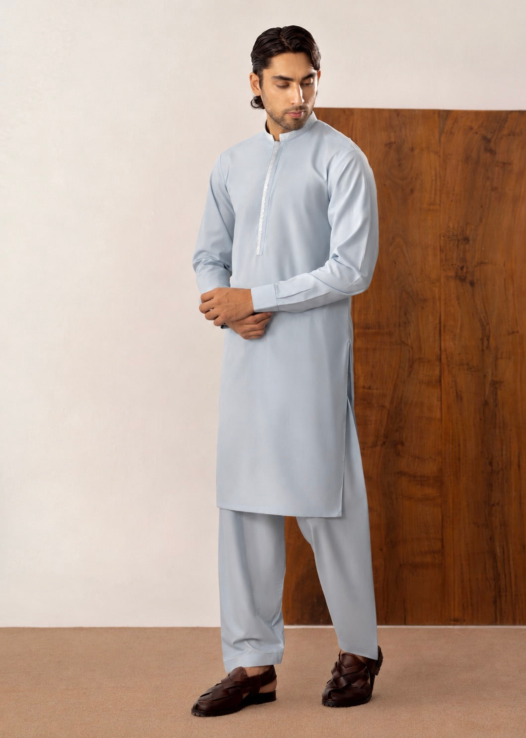 Formal Sky Blue Kurta Shalwar - Collar Neck Embroidered - Men