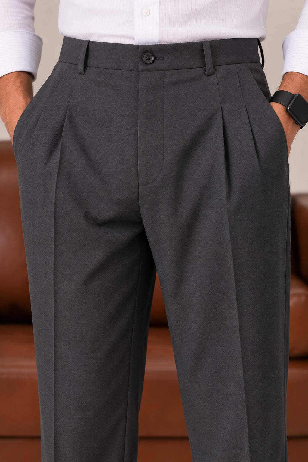 Grey Elasticated Double-Pleat Relaxed Dress Pants