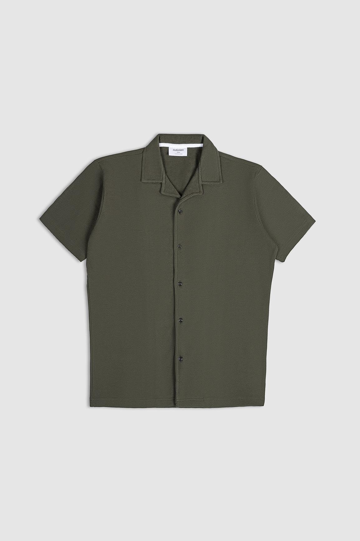 Olive Waffle Textured Revere Button Down - Muraqsh -- Men Western