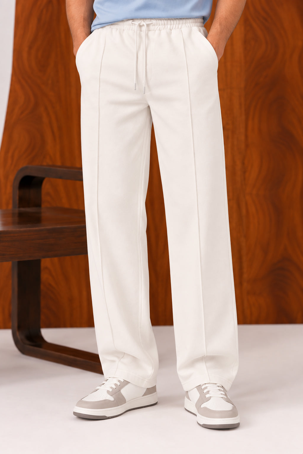 White Straight Leg Trousers - Men