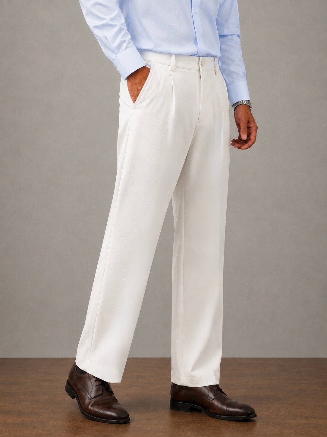 White Pleated Straight Fit Pants  - Men