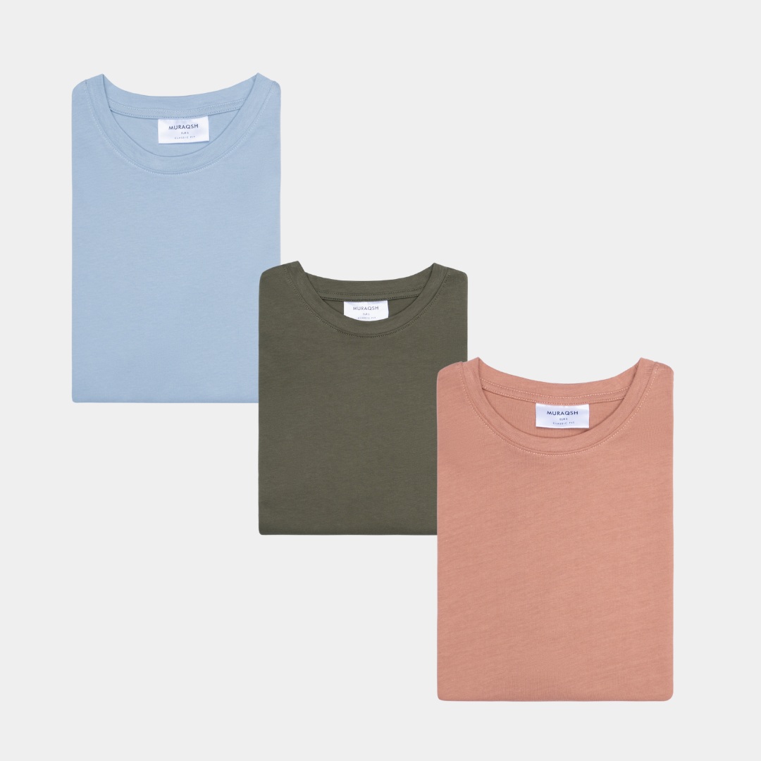 Pack of 3 Basic T-Shirts - Sky Blue, Olive Green & Peach