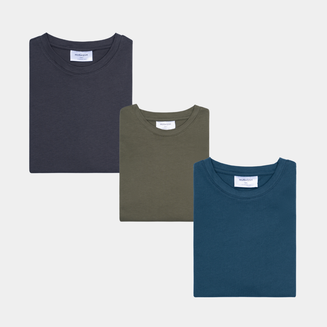 Pack of 3 Basic T-Shirts - Grey, Olive Green & Zinc