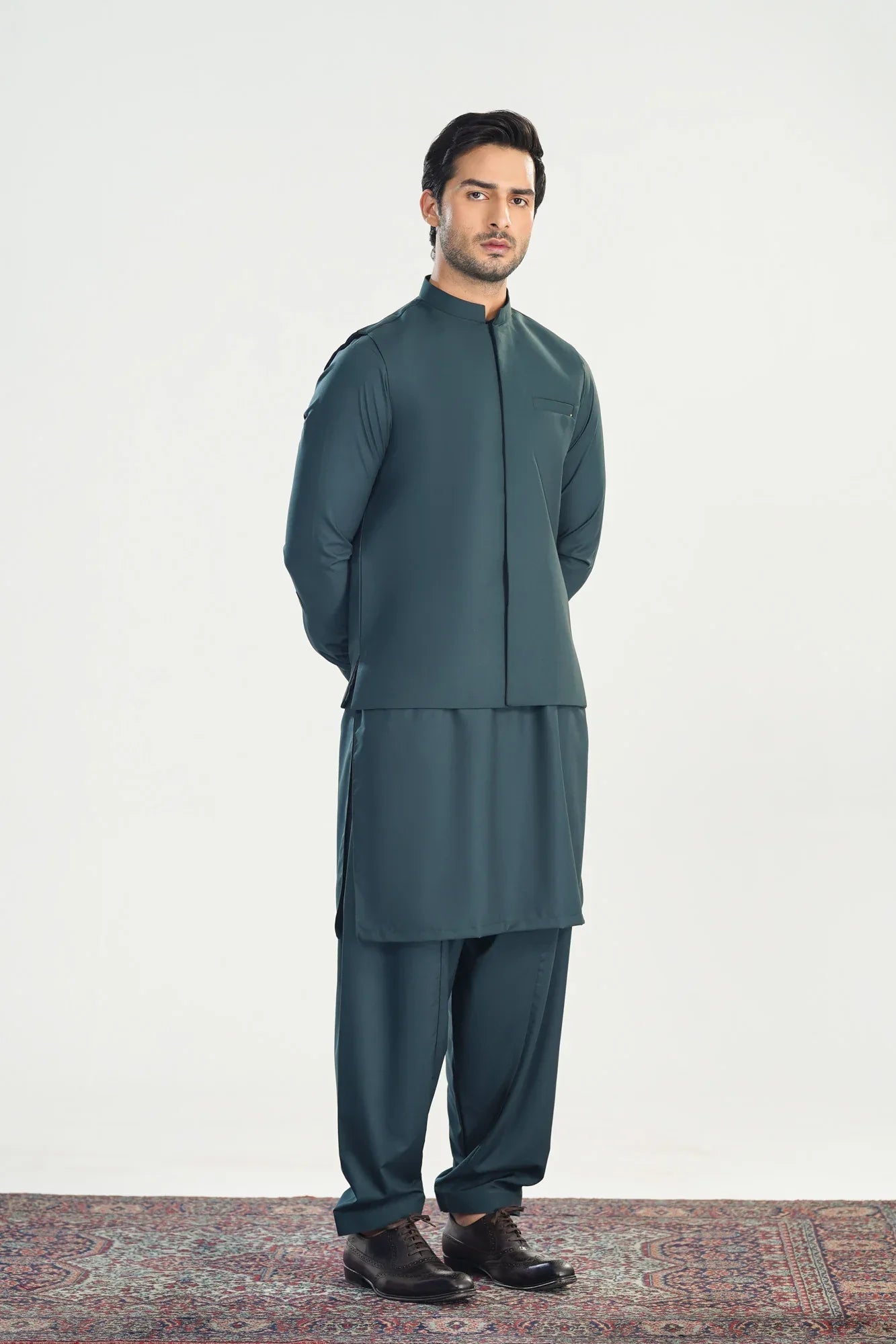 Dark Green Kameez Shalwar with Blended Waistcoat - Straight Cut - Men - Muraqsh -- Menswear