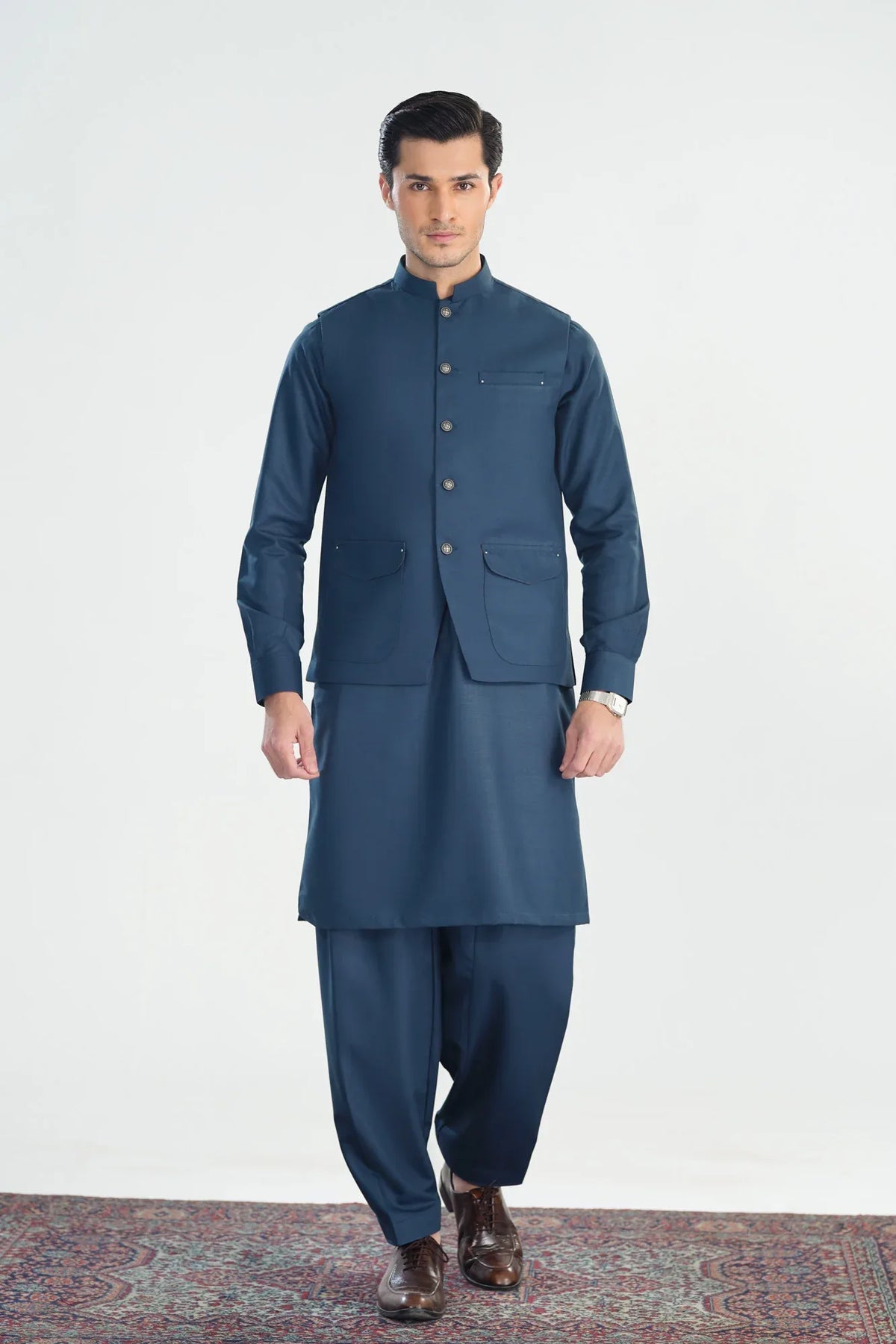 Midnight Blue Kameez Shalwar with Blended Waistcoat - A-Line Cut - Men - Muraqsh -- Menswear