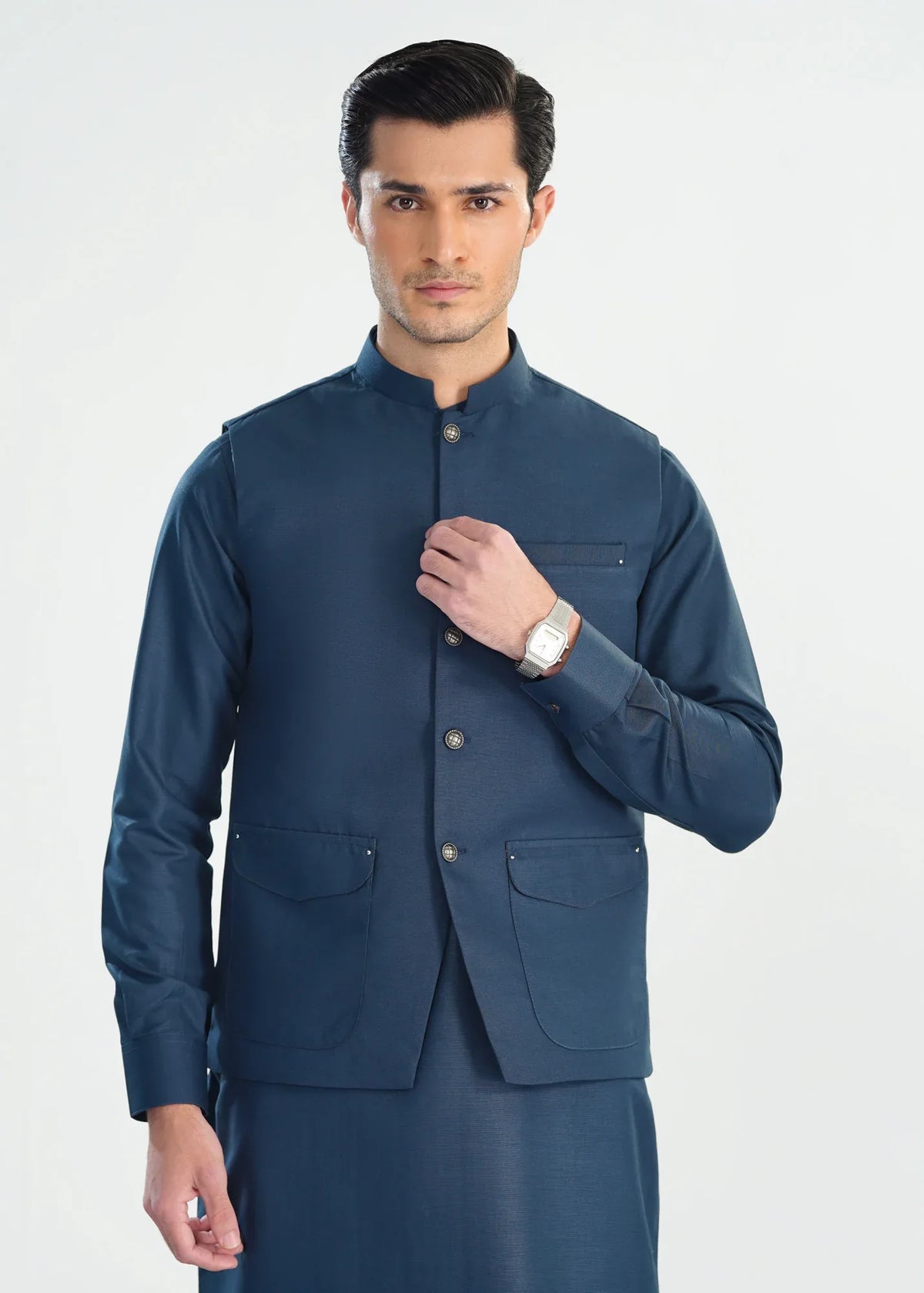Midnight Blue Kameez Shalwar with Blended Waistcoat - A-Line Cut - Men - Muraqsh -- Menswear