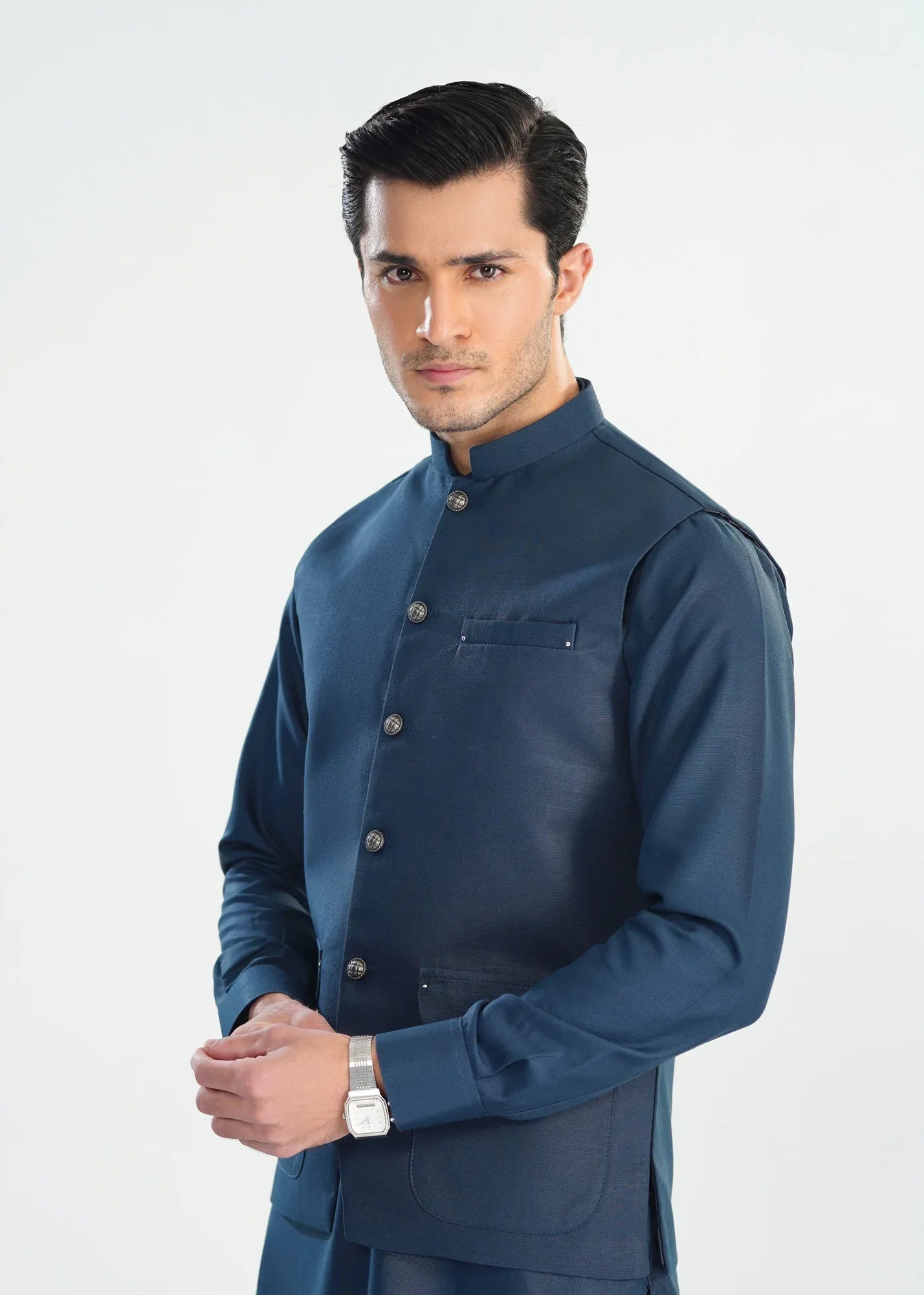 Midnight Blue Kameez Shalwar with Blended Waistcoat - A-Line Cut - Men - Muraqsh -- Menswear