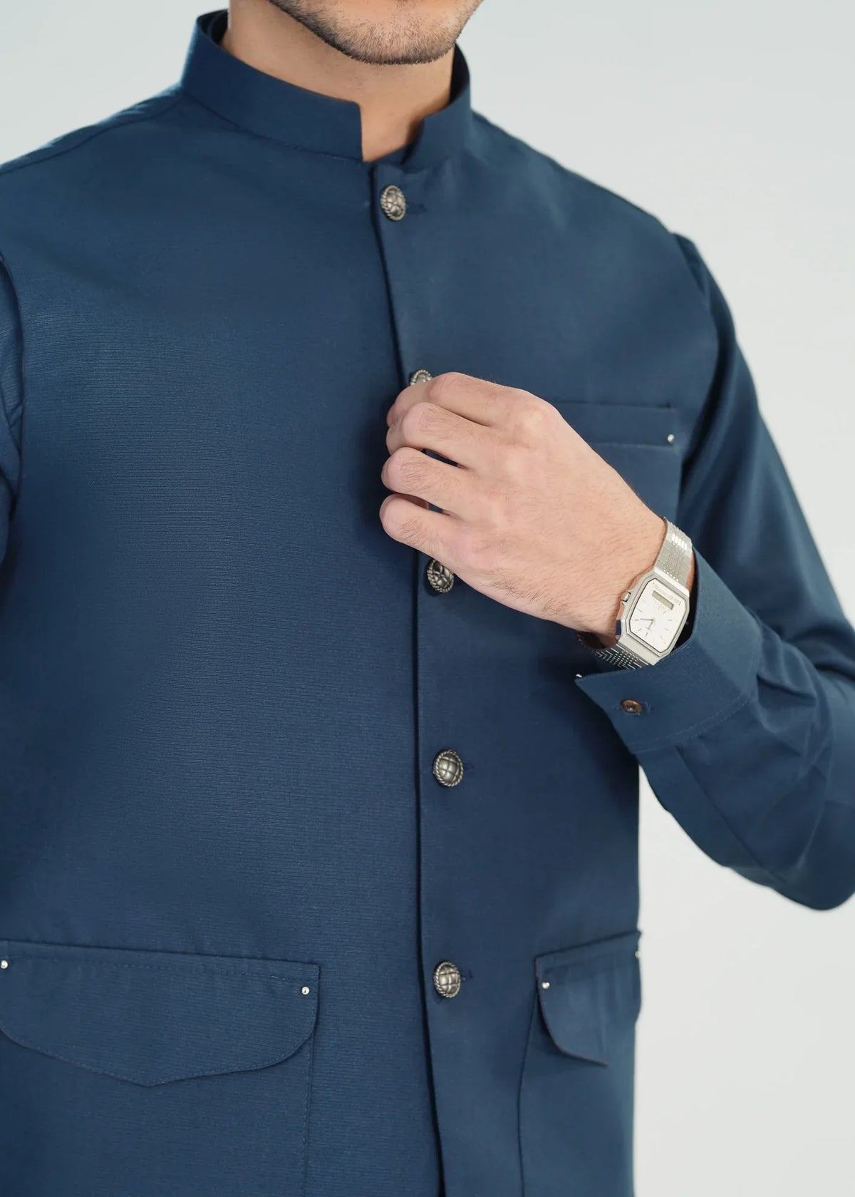 Midnight Blue Kameez Shalwar with Blended Waistcoat - A-Line Cut - Men - Muraqsh -- Menswear