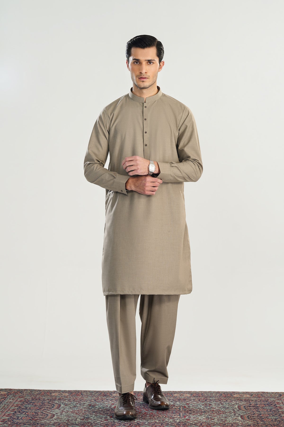Sand Beige Blended Suiting Kameez Shalwar - Men - Men