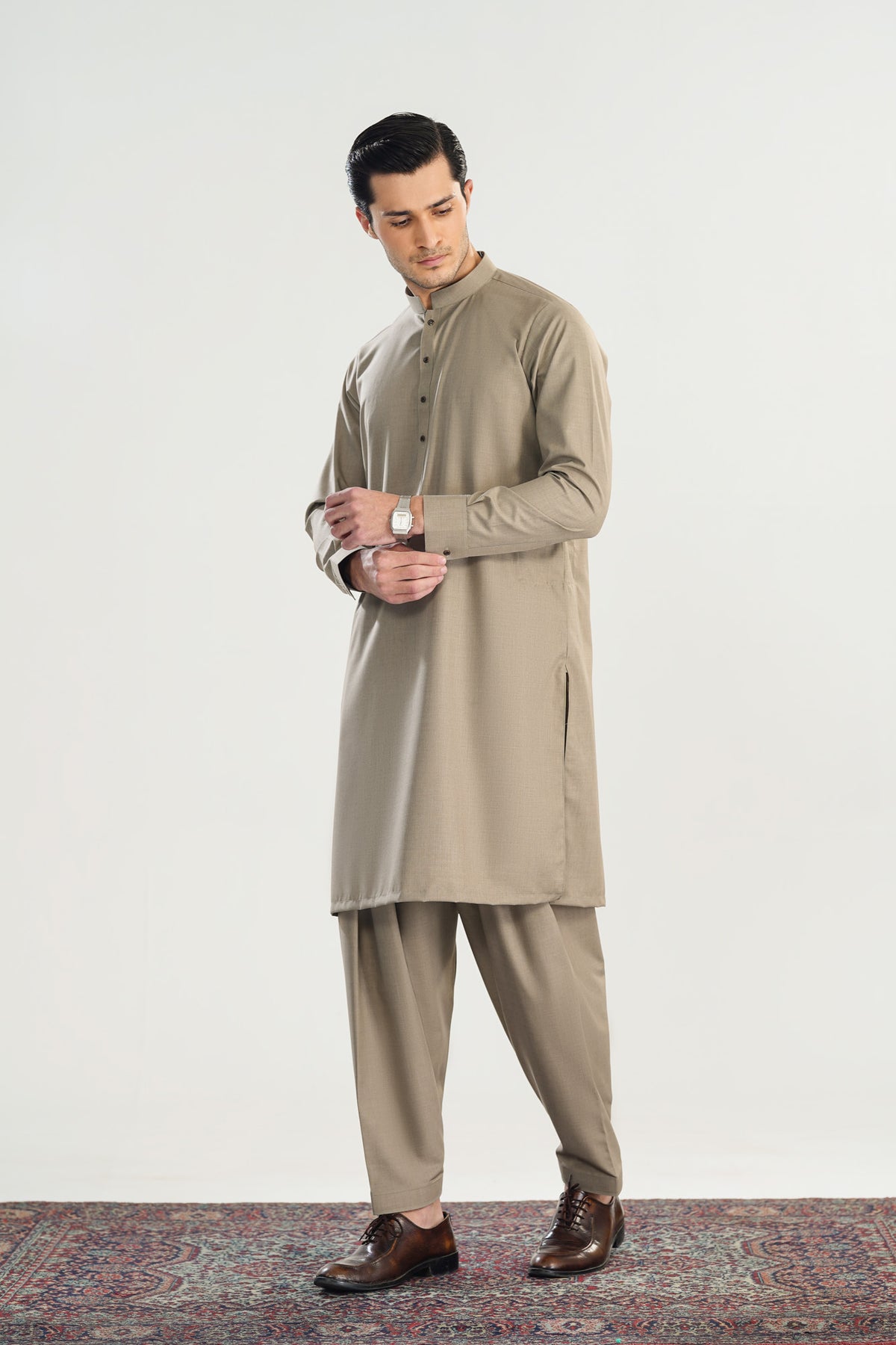 Sand Beige Blended Suiting Kameez Shalwar - Men - Men