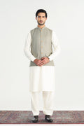 Bosky White Kurta Shalwar with Sand Grey Suiting Waistcoat - Straight Cut - Men