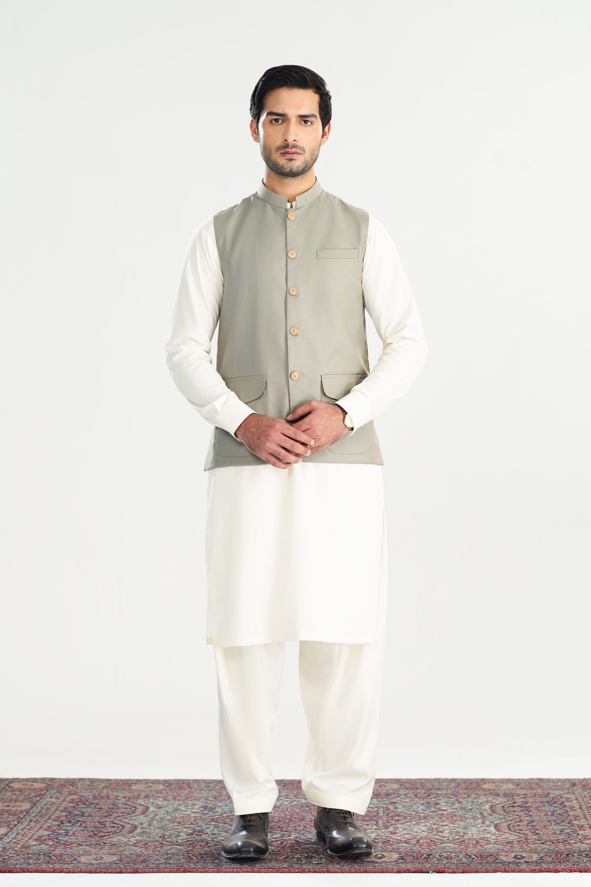 Bosky White Kurta Shalwar with Sand Grey Suiting Waistcoat - Straight Cut - Men - Men