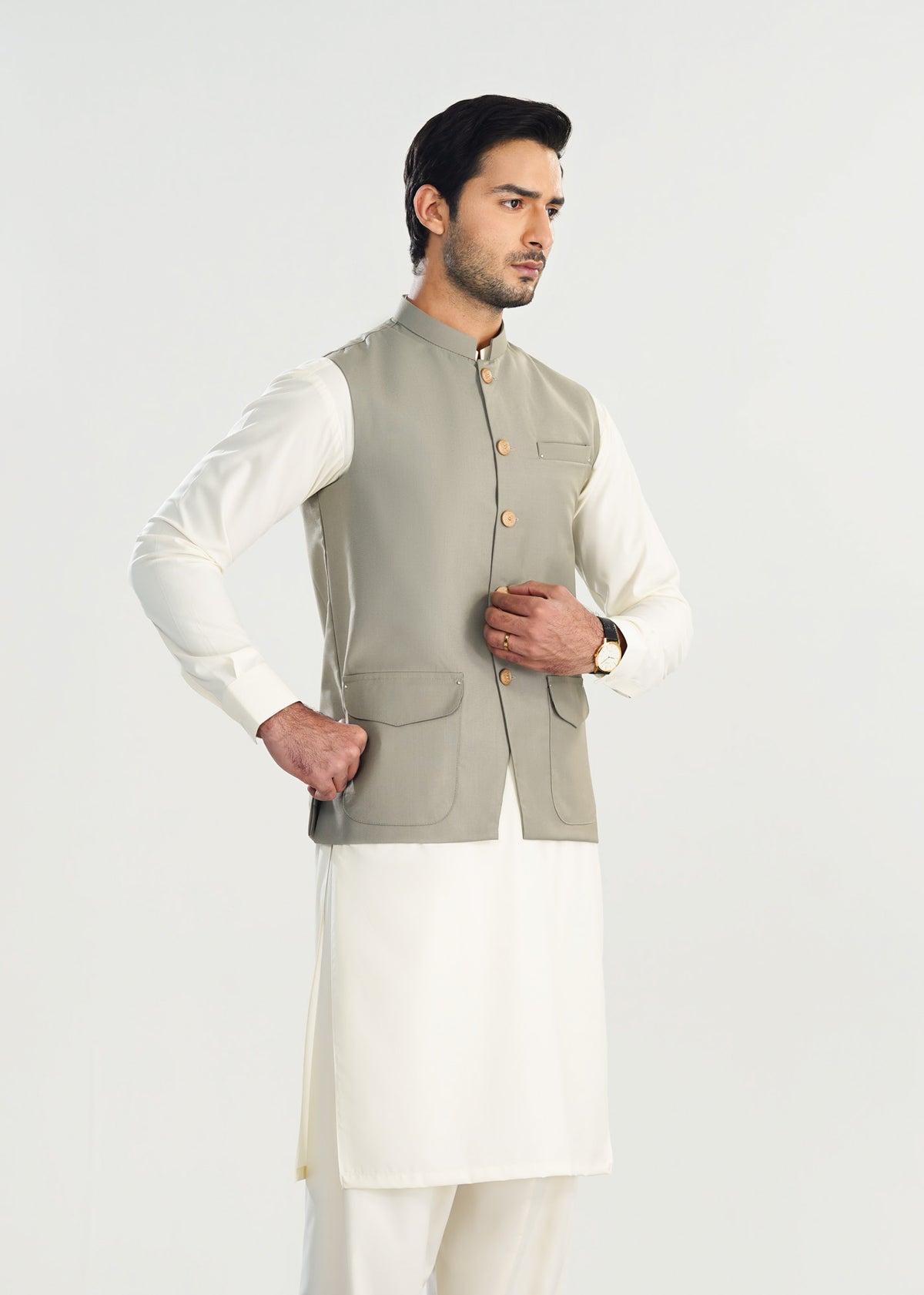 Bosky White Kurta Shalwar with Sand Grey Suiting Waistcoat - Straight Cut - Men - Men