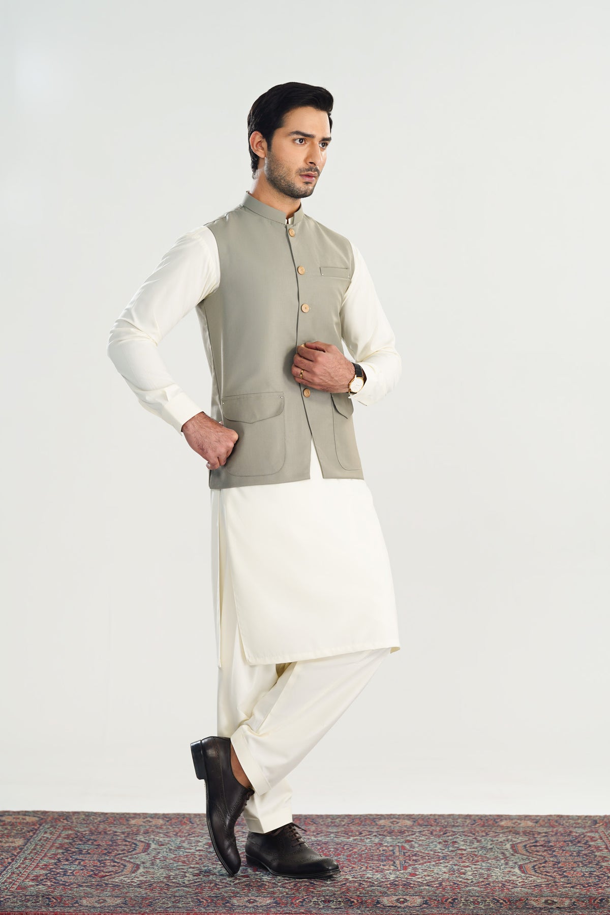 Bosky White Kurta Shalwar with Sand Grey Suiting Waistcoat - Straight Cut - Men - Men