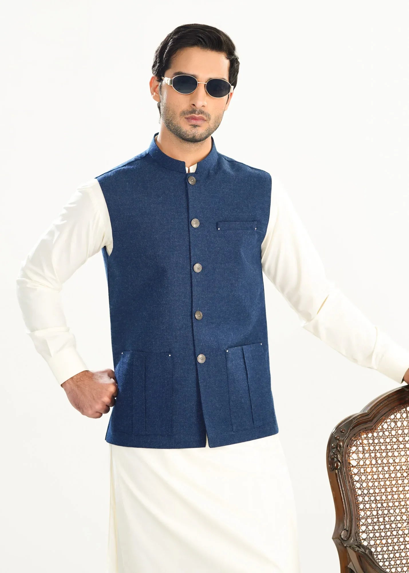 Bosky White Kurta Shalwar with Midnight Blue Wool Waistcoat - Straight Cut - Men - Muraqsh -- Menswear
