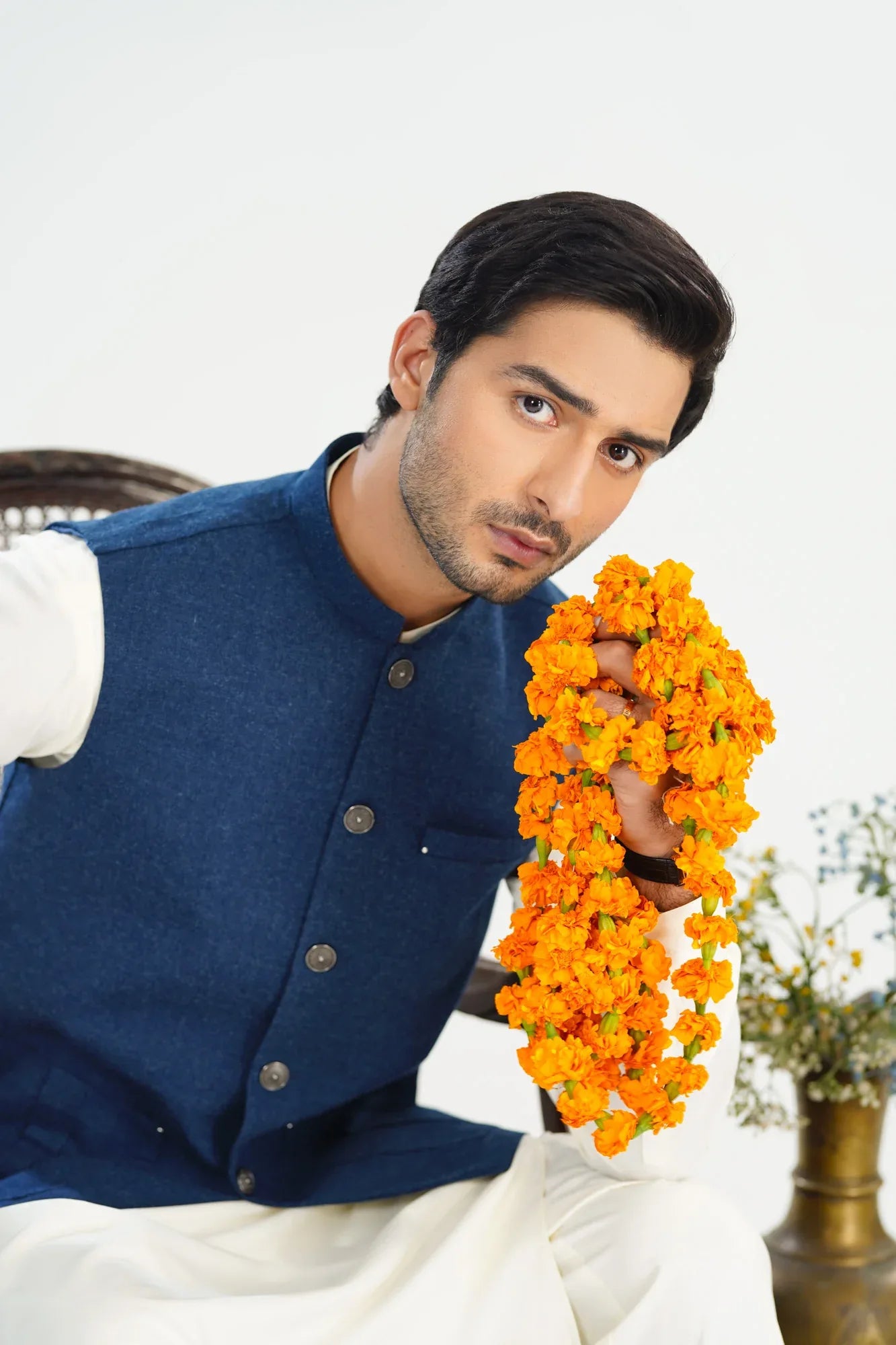 Bosky White Kurta Shalwar with Midnight Blue Wool Waistcoat - Straight Cut - Men - Muraqsh -- Menswear