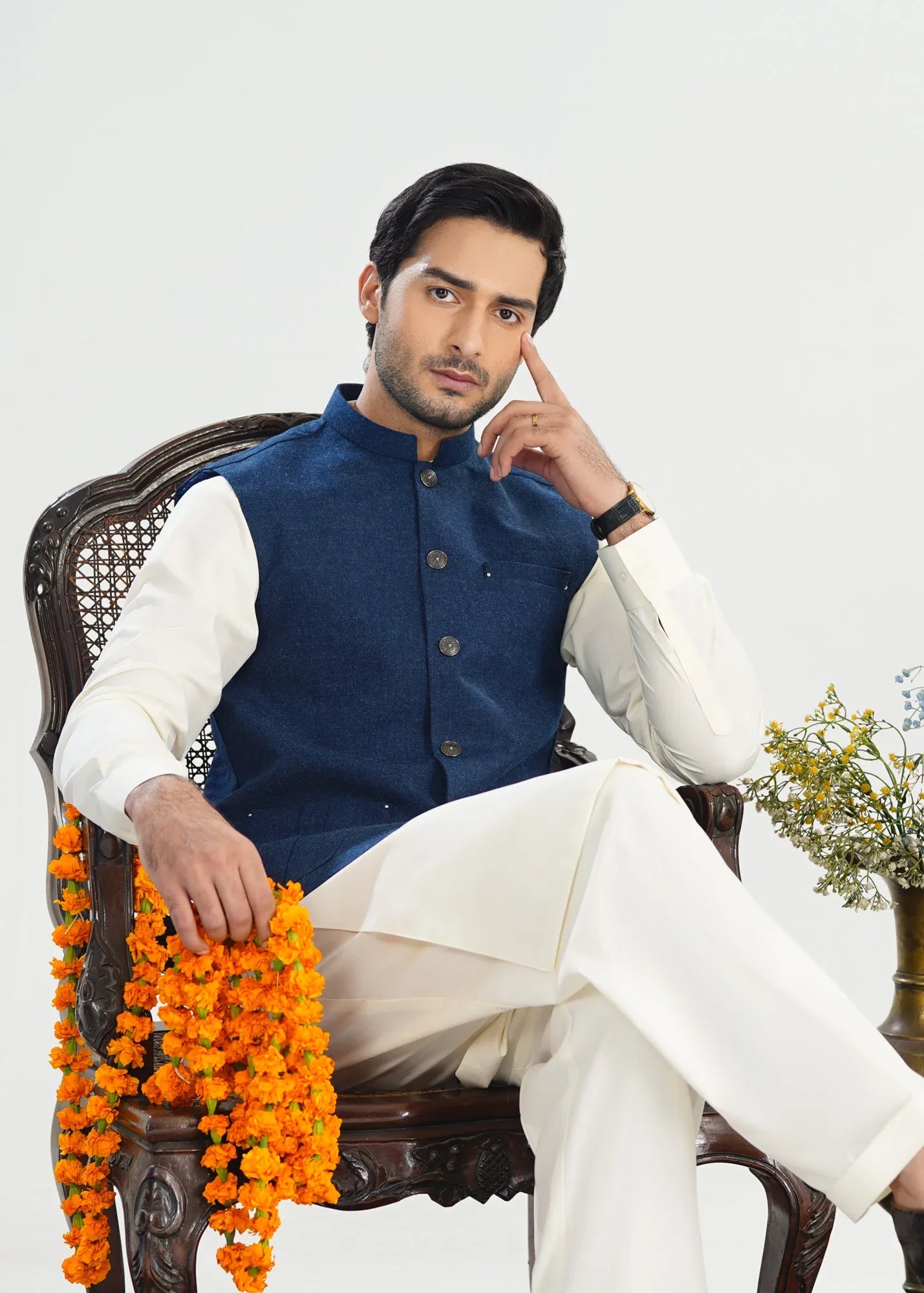 Bosky White Kurta Shalwar with Midnight Blue Wool Waistcoat - Straight Cut - Men - Muraqsh -- Menswear