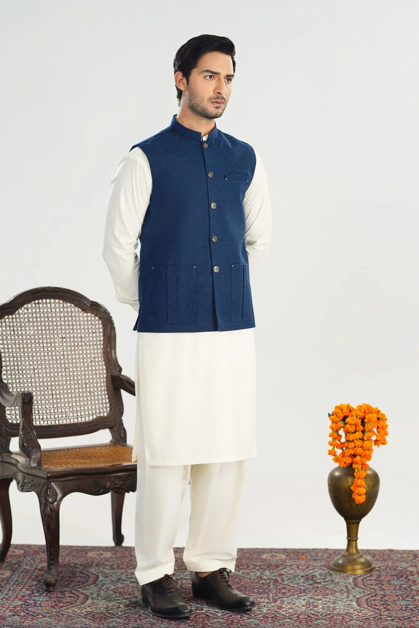 Bosky White Kurta Shalwar with Midnight Blue Wool Waistcoat - Straight Cut - Men - Muraqsh -- Menswear
