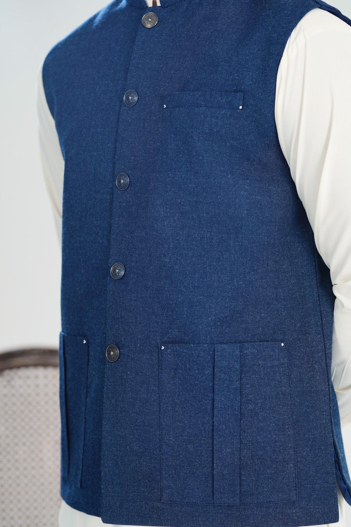 Bosky White Kurta Shalwar with Midnight Blue Wool Waistcoat - Straight Cut - Men - Muraqsh -- Menswear
