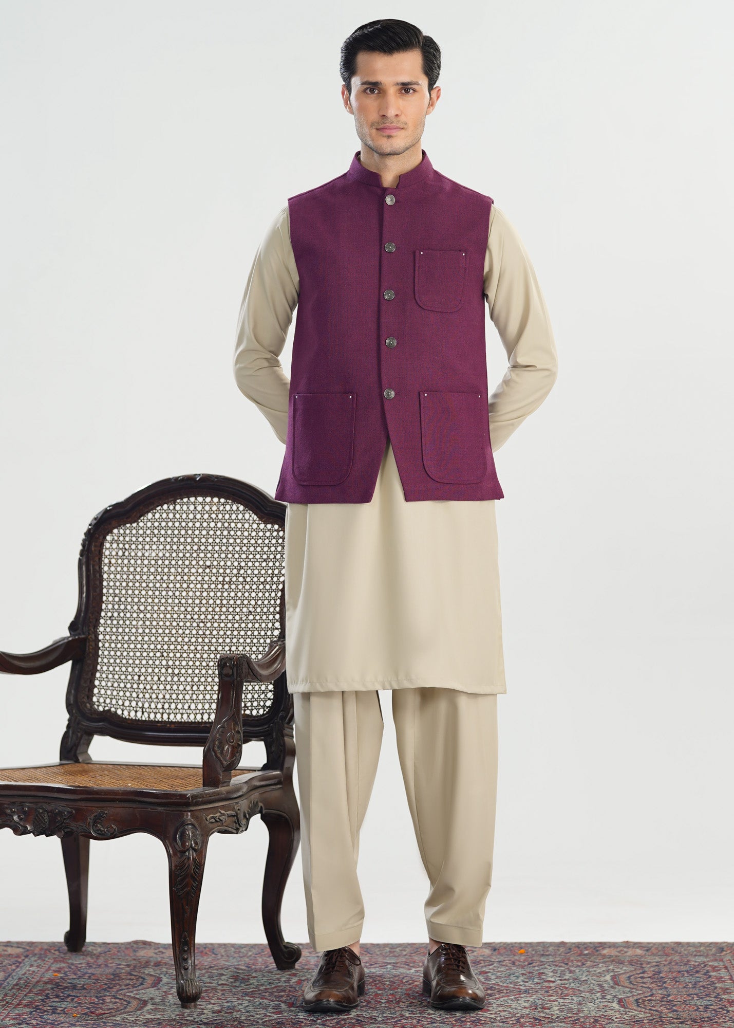 Bisque Kurta Shalwar with Plum Khaddar Waistcoat - A-Line Cut - Men - Men