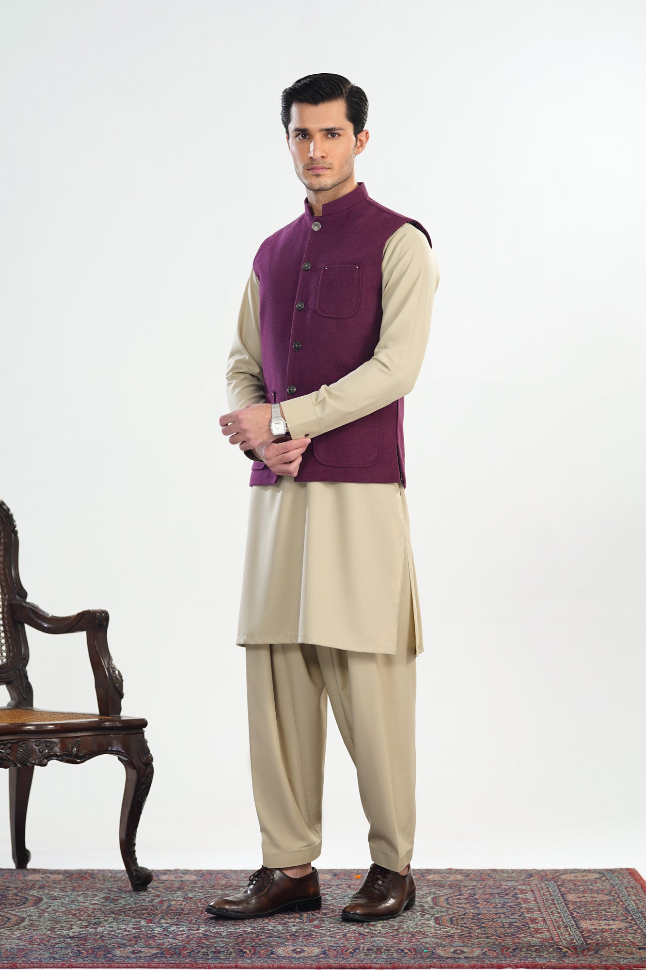 Bisque Kurta Shalwar with Plum Khaddar Waistcoat - A-Line Cut - Men - Men