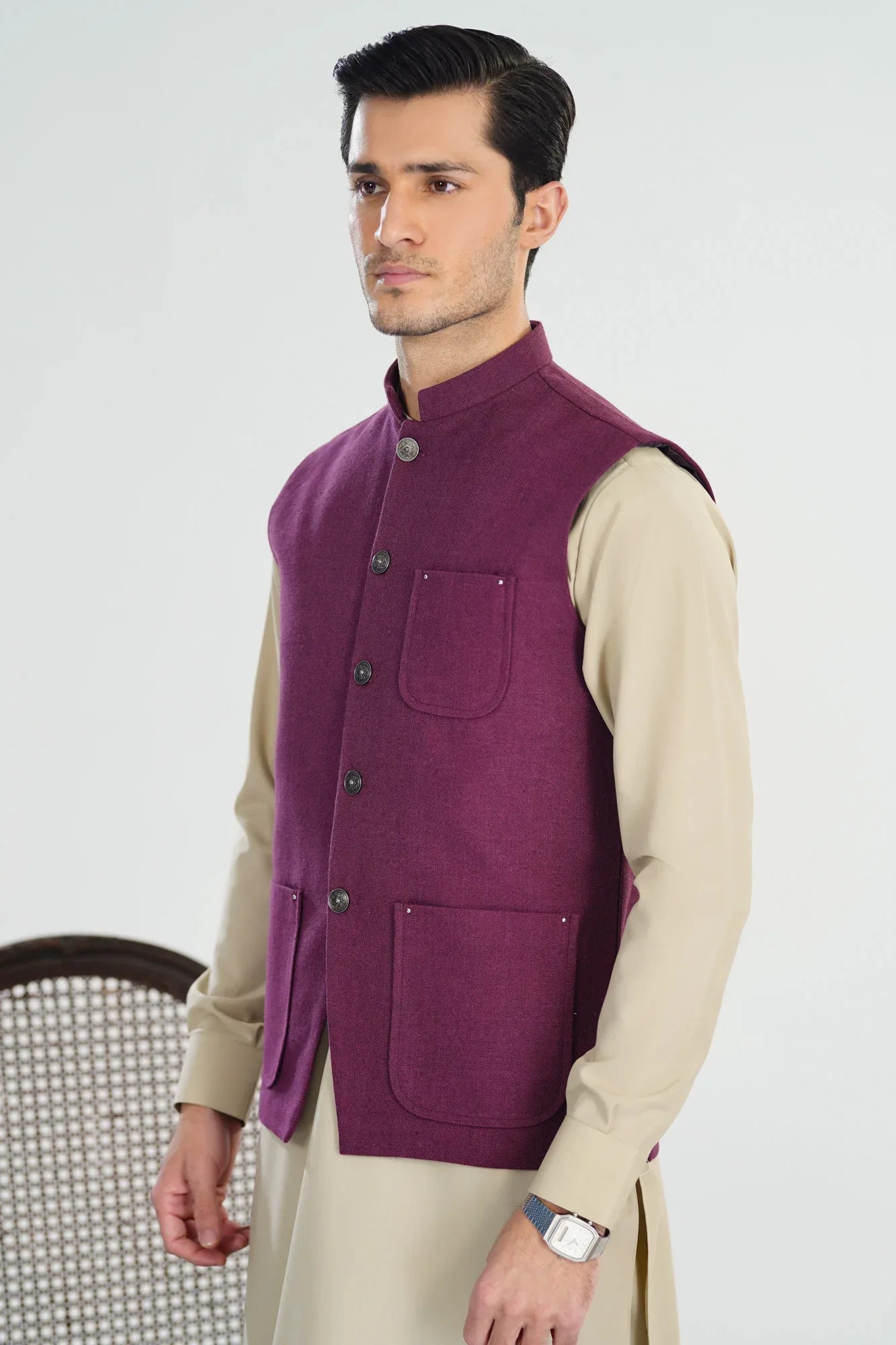 Plum Handloomed Khaddar Waistcoat - A-Line Cut - Men - Muraqsh -- Menswear