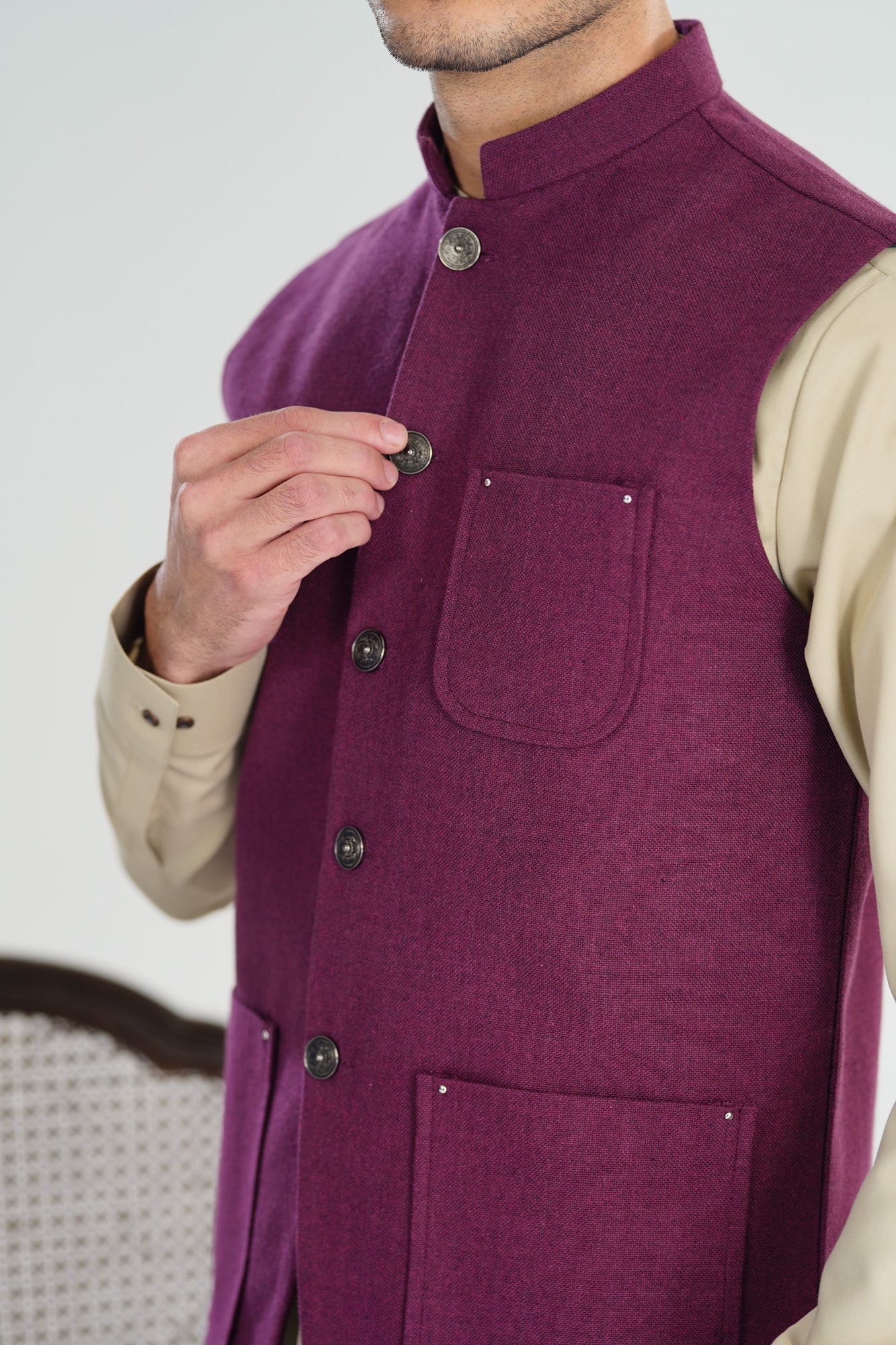 Bisque Kurta Shalwar with Plum Khaddar Waistcoat - A-Line Cut - Men - Men