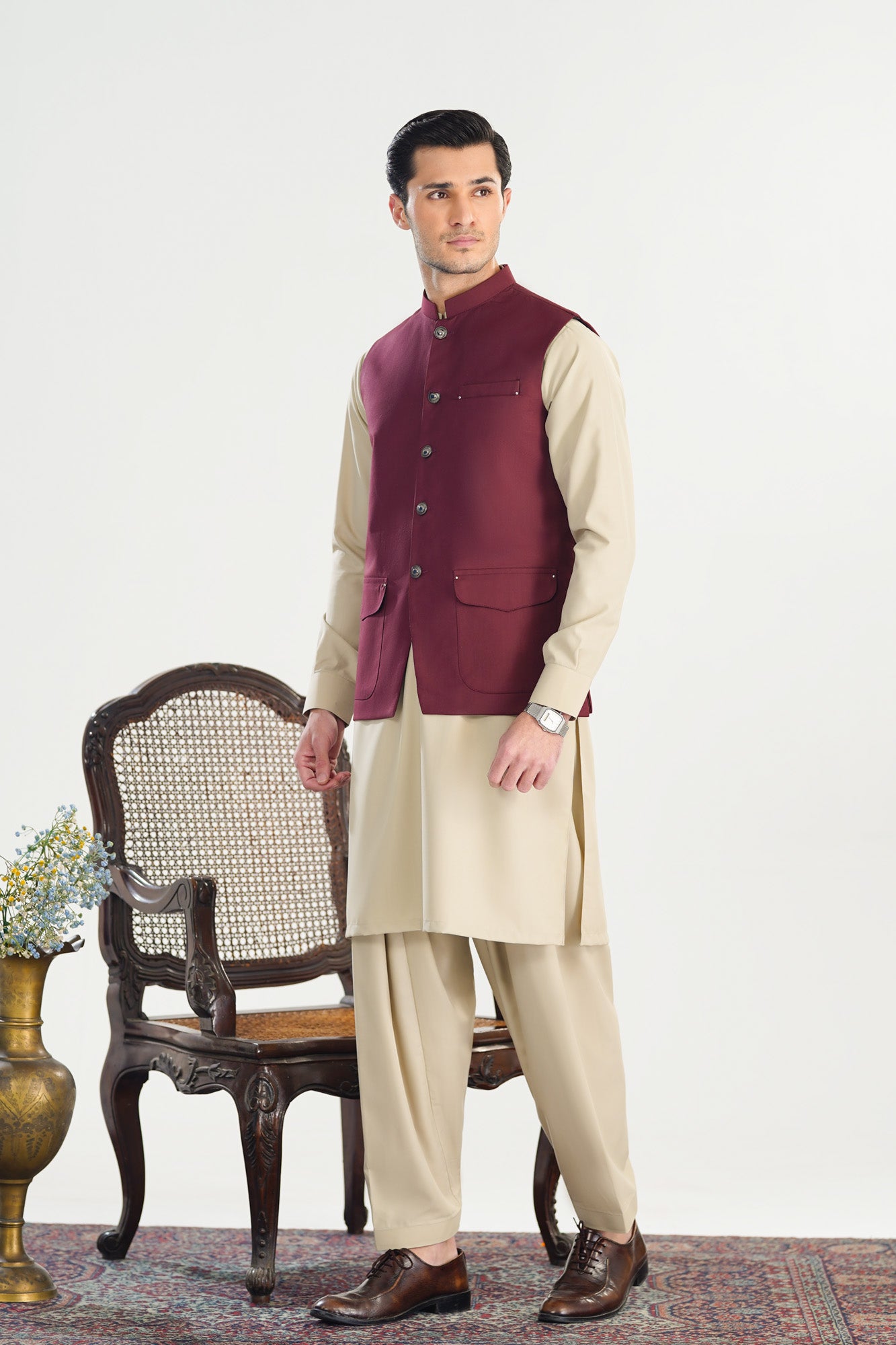 Burgundy Suiting Waistcoat - A-Line Cut - Men - Men