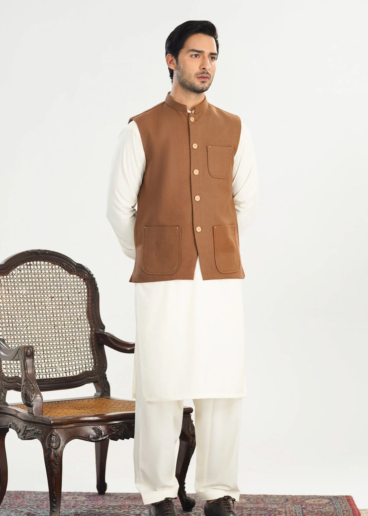 Camel Handloomed Khaddar Waistcoat - A-Line Cut - Men - Muraqsh -- Menswear